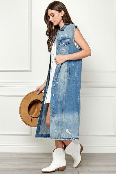 Veveret Full Size Distressed Sleeveless Longline Denim Jacket-3