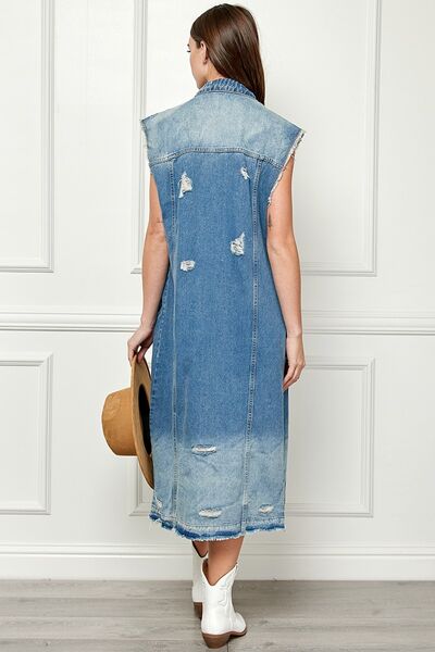 Veveret Full Size Distressed Sleeveless Longline Denim Jacket-1