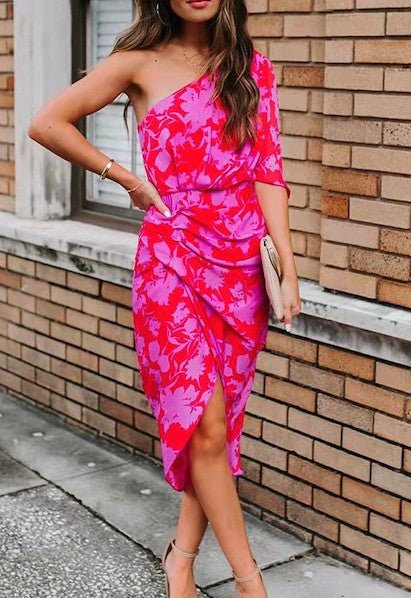 Floral One Shoulder Dress-0